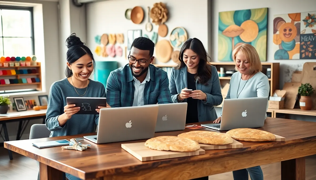 diverse team brainstorming Etsy side hustle ideas in a modern workspace.
