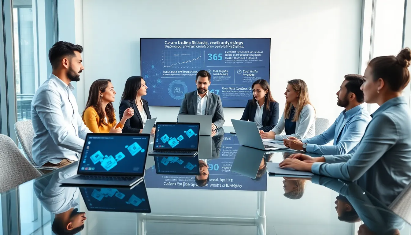 diverse team discussing Cardano advancements in a modern office.